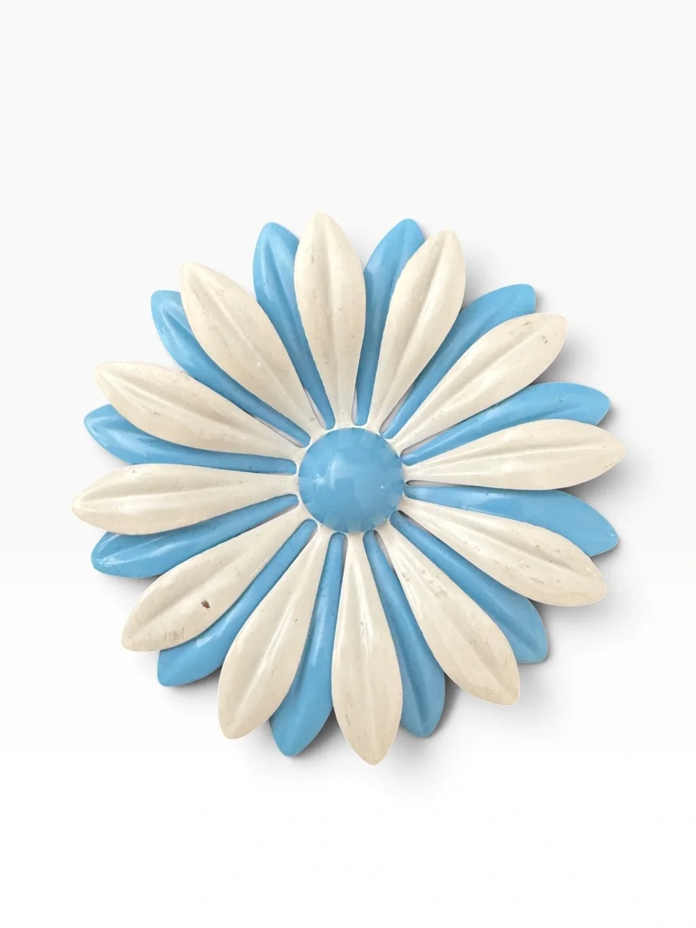 60s Vintage Flower Pin Baby Blue White Cotton Candy Metal Flower Mod Enamel 2.5”